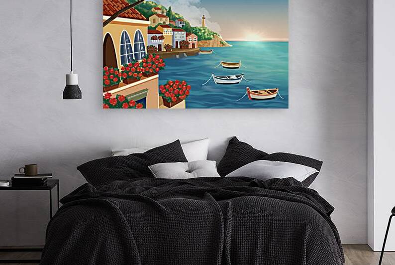 Serene Coastal Village at Sunset by sarah illustrator