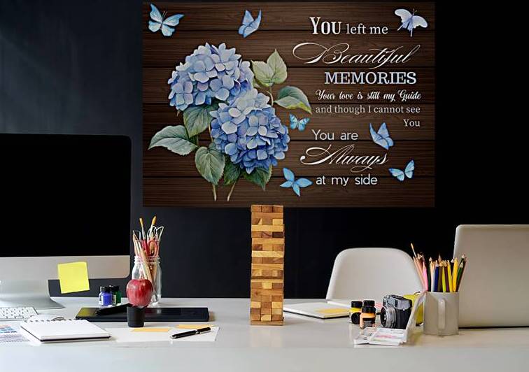 Memorial Canvas Wall Art – “You Left Me Beautiful Memories” Quote – Hydrangea Floral Tribute – In Loving Memory Remembrance Gift by DesignedByM