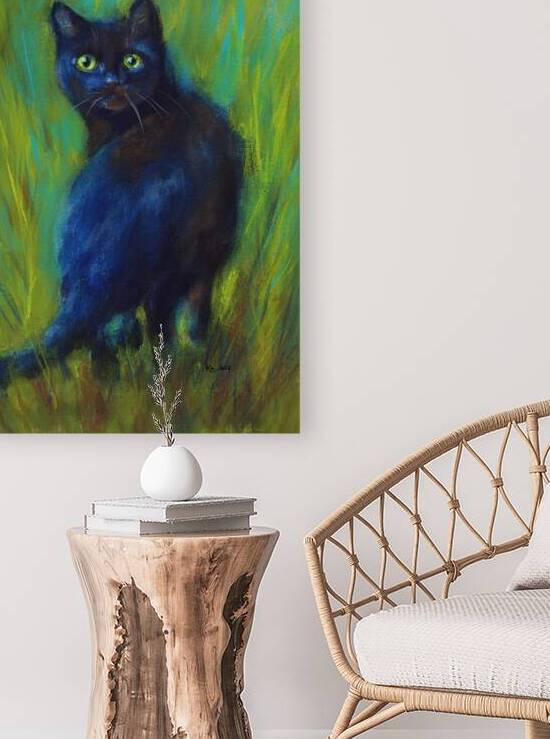 Black cat in the green grass acrylic painting  by Karen Kaspar