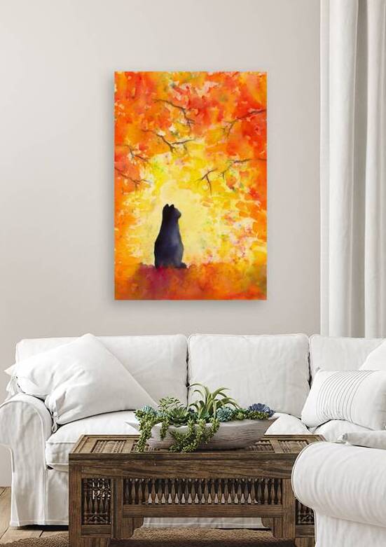 Cat in fall foliage watercolor painting by Karen Kaspar