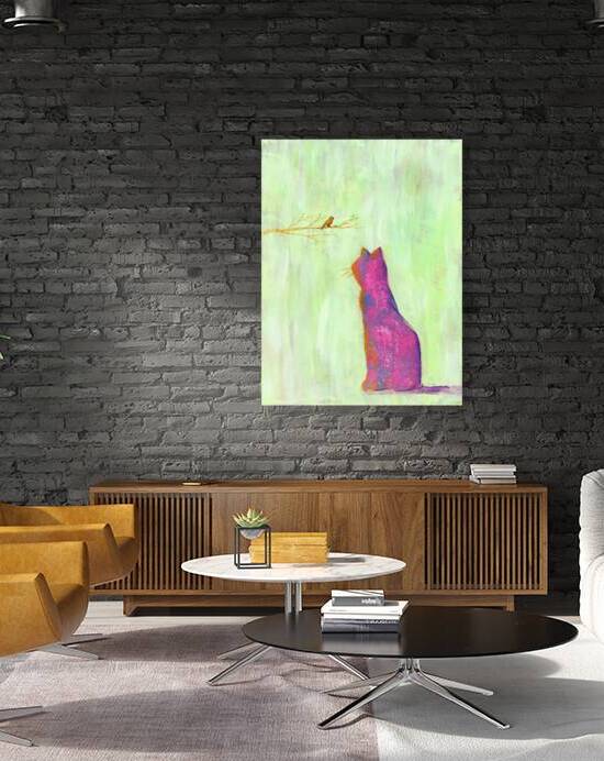Pink cat and orange bird acrylic painting by Karen Kaspar