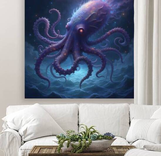Bioluminescent Kraken Meditates in Swirling Nebula by Mark Turley