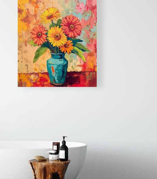 Sunburst In A Teal Vase - Sunflower Vase Art Prints by Savage Art Prints