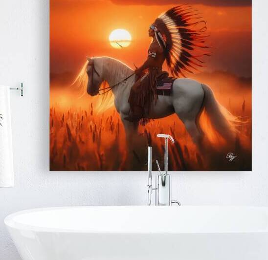 INDIAN ON HORSEBACK AT SUNSET by Billy Wayne