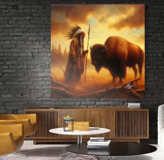 Native American Indian and Buffalo 2 by Billy Wayne