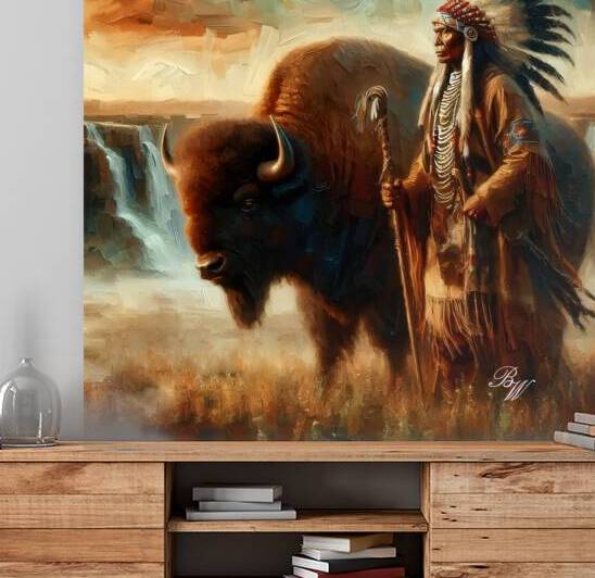 Native American Indian and Buffalo by Billy Wayne