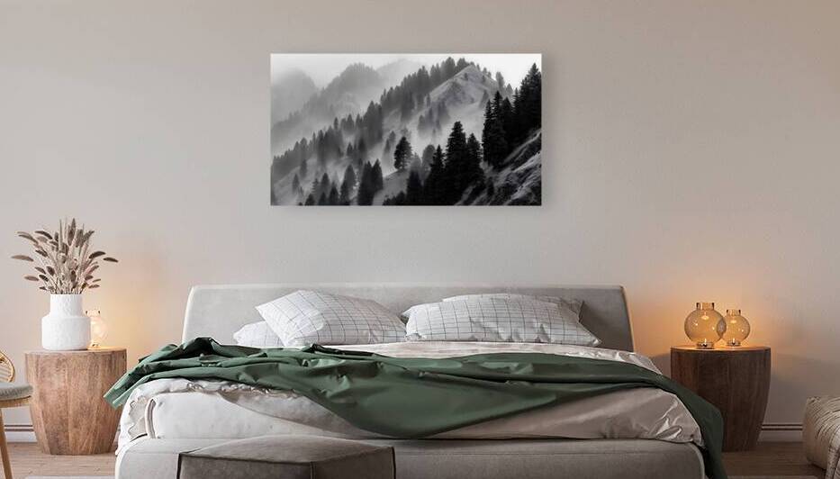 Mist Over Mountain Pines - Monochrome Landscape Art Prints by Savage Art Prints