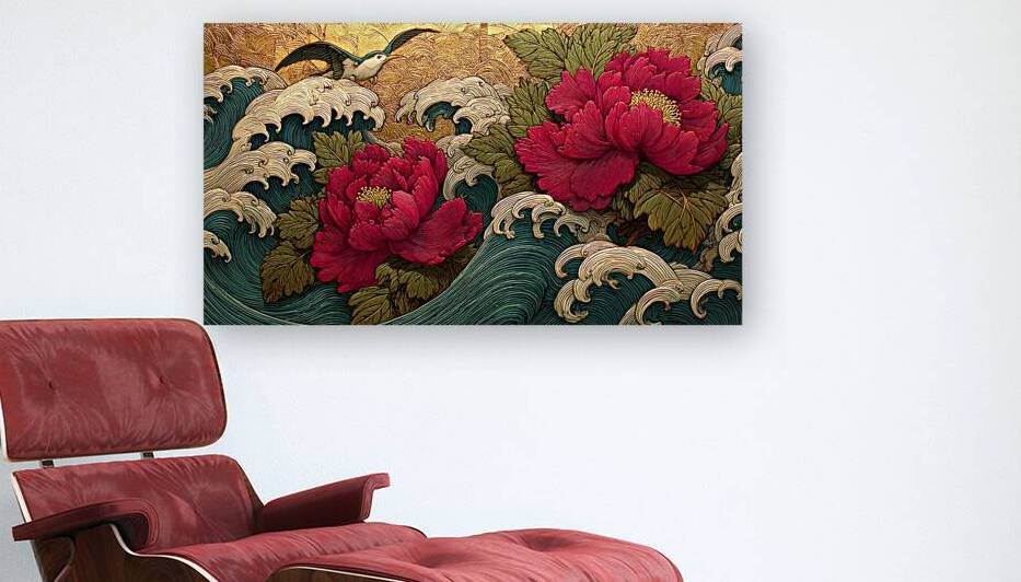 Hana To Nami No Uta 花と波の詩 - Poem Of Flowers And Waves - Japanese Floral Seascape Art Prints by Savage Art Prints