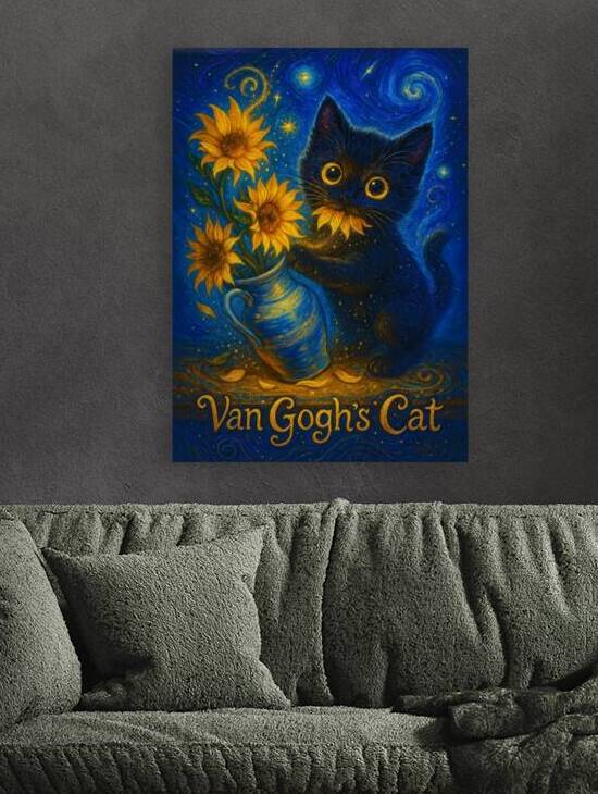 Van Gogh’s Cat – Whimsical Black Kitten with Sunflowers in a Starry Night Sky by Anne Laure GOUPIL