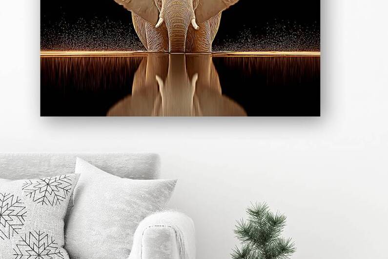 Golden Stillness – Elephant Reflection Print by Savage Art Prints