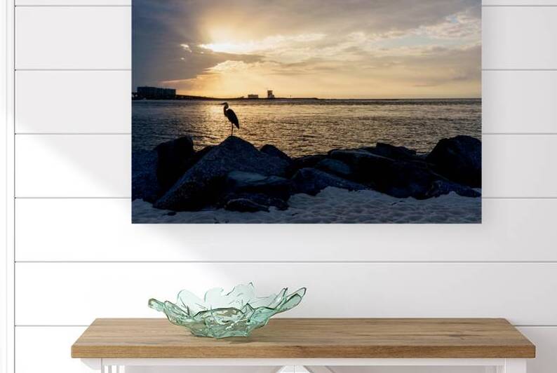 Blue Heron Silhouette Orange Beach by Jennifer White