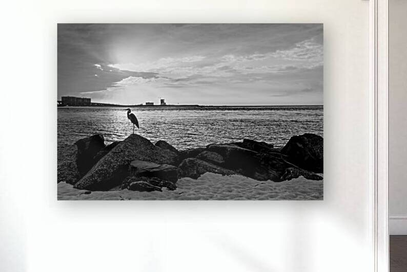 Blue Heron Silhouette Orange Beach Grayscale by Jennifer White