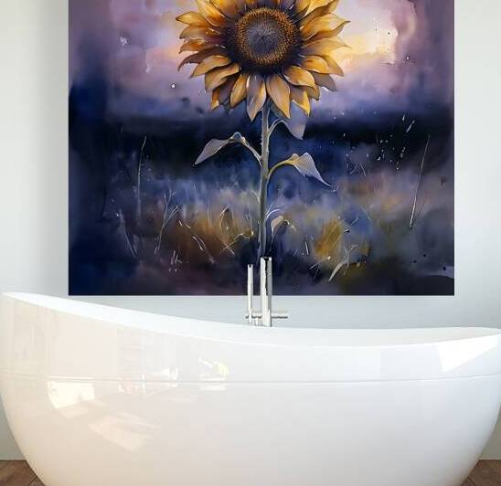 Sunflower Watercolor Wall Art – Golden Bloom at Twilight in Abstract Nature Scene by EsterJasmineDesign