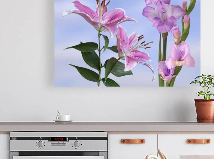 Pink Lilies with Purple Gladioli by Gill Billington