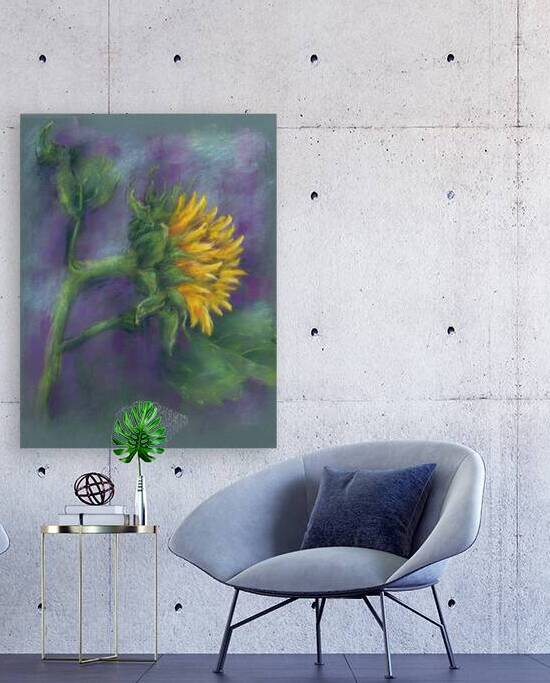 Single sunflower soft pastels painting by Karen Kaspar