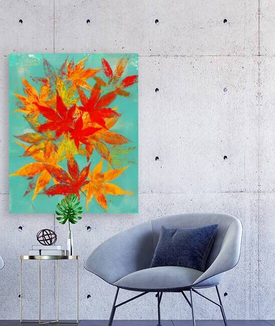 Red Japanese Maple leaves on blue acrylic painting by Karen Kaspar