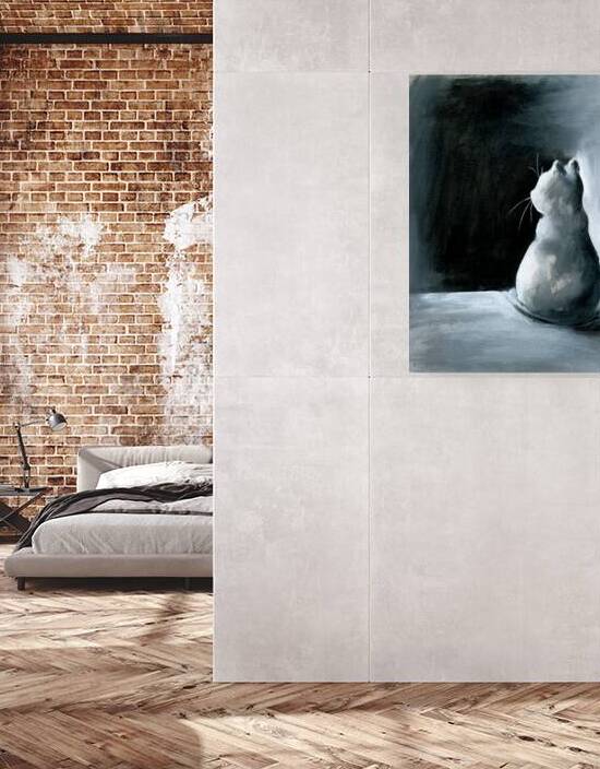 Light in the dark black and white cat acrylic painting by Karen Kaspar