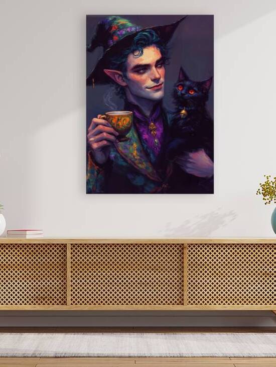 The Enchanted Tea Break – Elf Wizard with Black Cat by Anne Laure GOUPIL