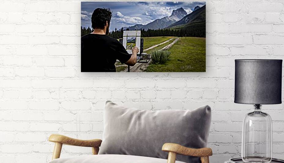 Unknown Artist Painting The Three Sisters In Canmore Alberta Canada by Hub Blanchette