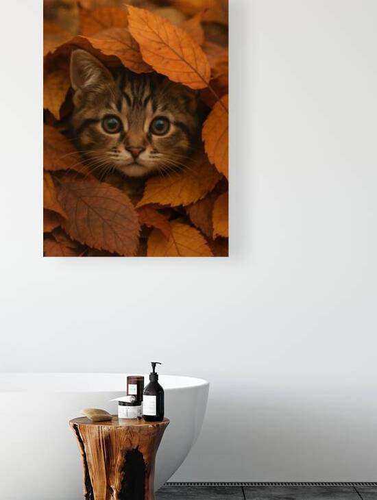Cute Tabby Kitten in Autumn Forest Leaves by Anne Laure GOUPIL