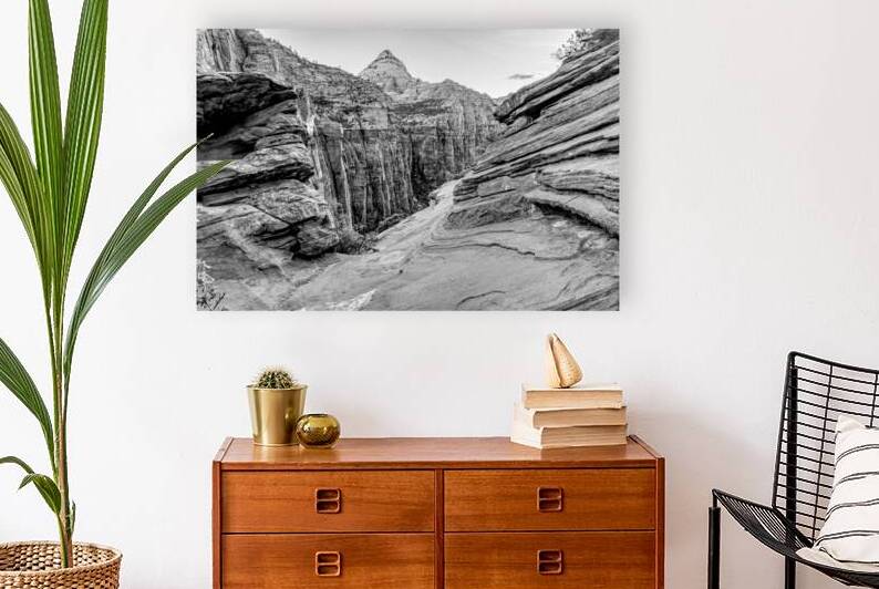 Zion Canyon Overlook Mountain Over Rocks Grayscale by Jennifer White