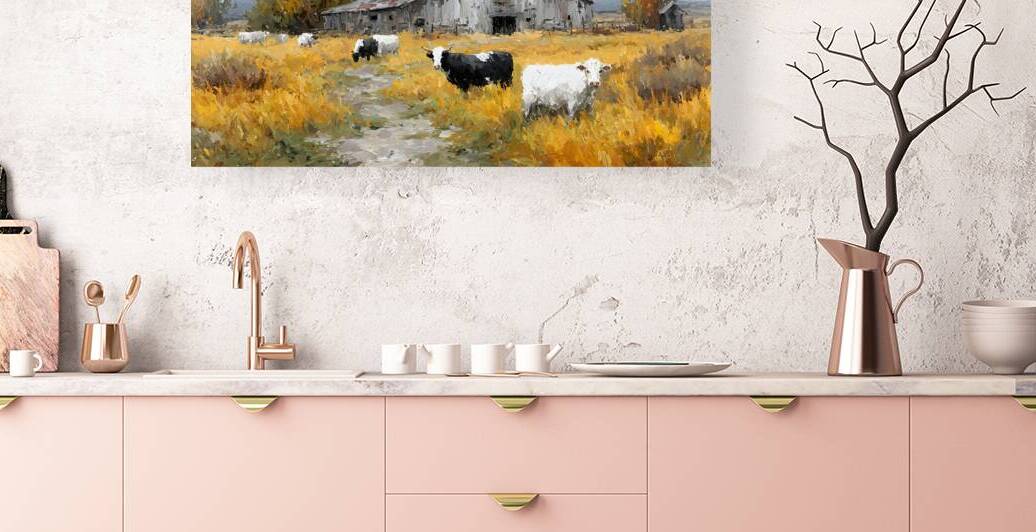 Autumn Barn with Grazing Cows – Farmhouse Landscape Art Print by Savage Art Prints