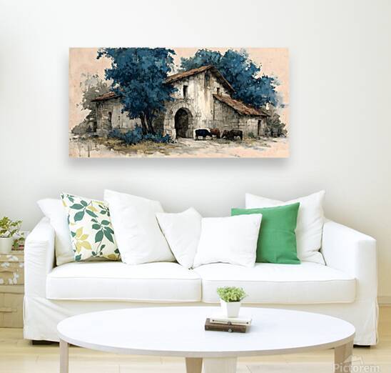 Cows by the Stone Arch – Farmhouse Landscape Art Print by Savage Art Prints