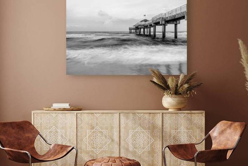 Lightning Over Orange Beach Pier Grayscale by Jennifer White