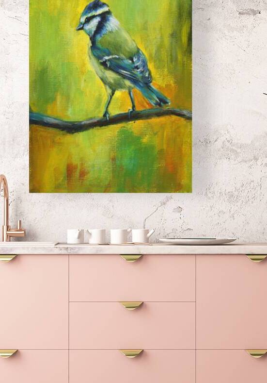 Blue tit bird portrait acrylic painting  by Karen Kaspar