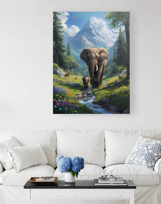 Majestic Elephants in Mountain Forest  Wildlife Wall Art Print by El moustapha