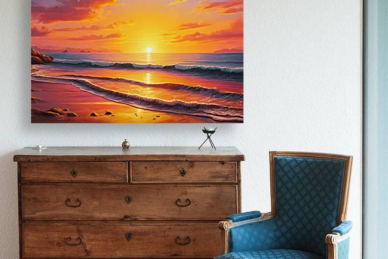 Golden Sunset Waves – Tranquil Beach Landscape Art by Sihemsoso