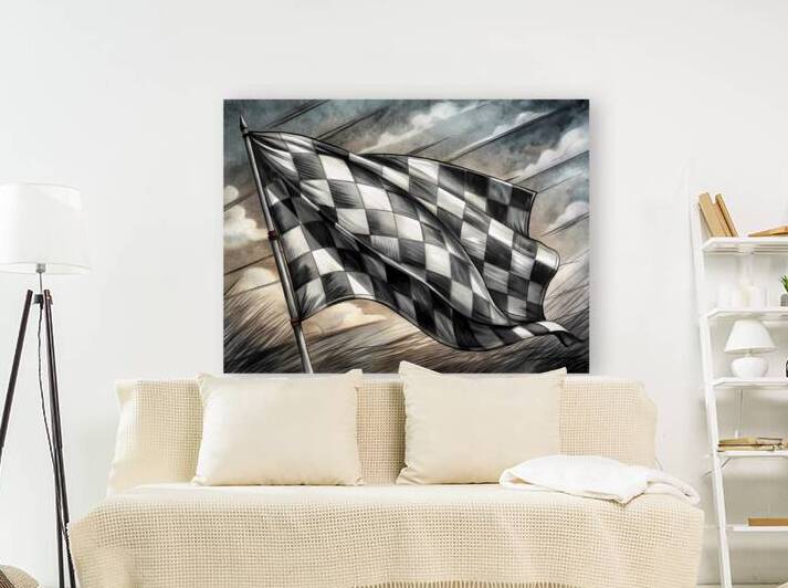 Monochrome Pencil Sketch of a Waving Checkered Racing Flag by Lux