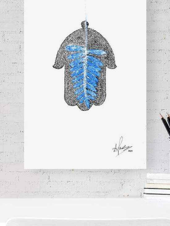 Hamsa Mircro-Blessing with a Blue Fern Monoprint by Aaron Poris