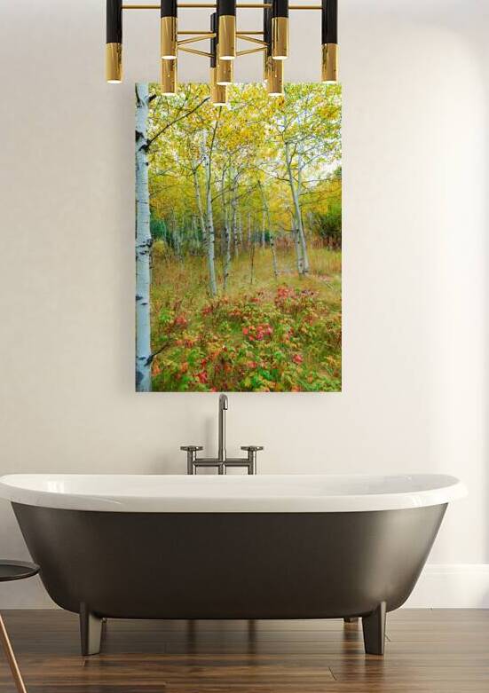 Radiant Autumn Forest Landscape in Gold and Red by Bo Insogna