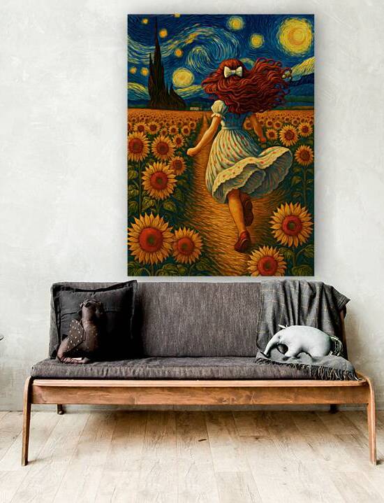 Van Gogh Style Sunflower Field Girl – Starry Night Swirls Art Prin by Signora