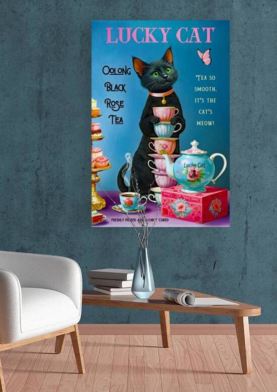 Lucky Cat Vintage Tea Art Print  by Tricky Rabbit Art