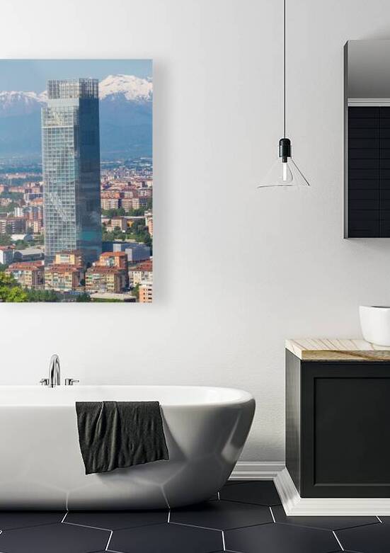 Turin panoramic view with SanPaolo skyscraper. Alps mountains in by Paolo Modena