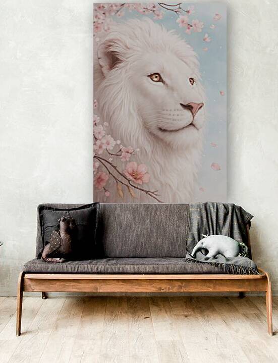 Majestic White Lion in Cherry Blossom Dream 1 by Synth Art Emporium
