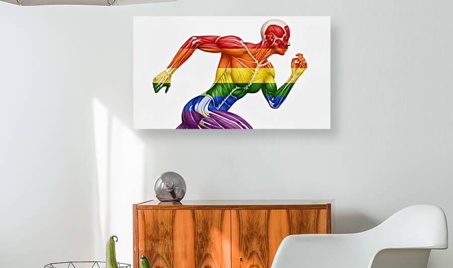Pride in Motion – Female Muscular Anatomy Runner with Rainbow Colors by MotivatePrints