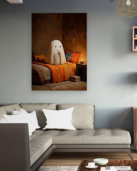 Praying Ghost in Cozy Bedroom – Halloween Oil Painting Art by Anne Laure GOUPIL