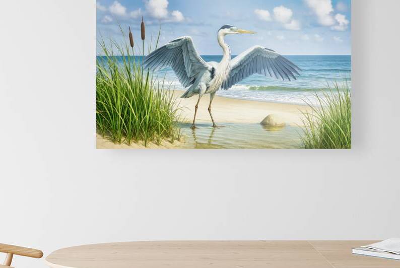 Blue Pelican on Beach – Peaceful Coastal Morning by Shelia Hunt Photography