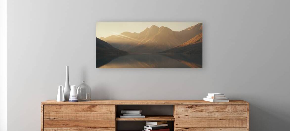 Golden Tranquility — Mountains Reflected in Still Waters by MotivatePrints