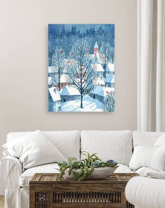 watercolor style of winter postcard nature and village by Ariadna-de-Raadt