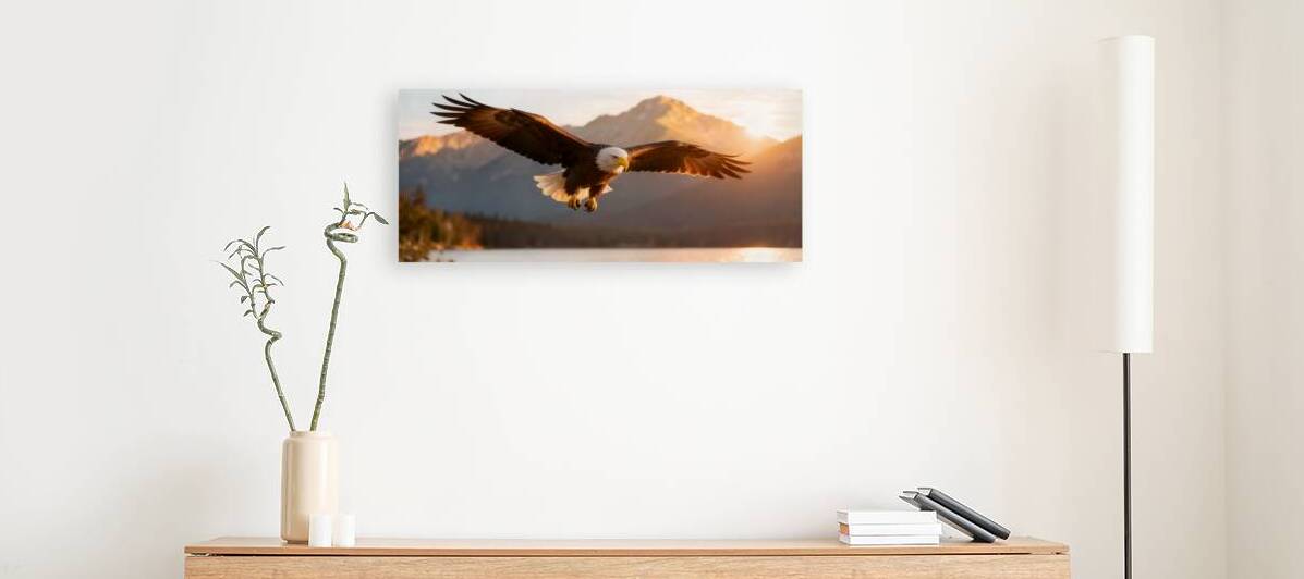 Bald Eagle Soaring Over Mountain Lake at Sunrise by MotivatePrints