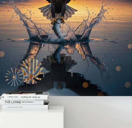 Bald Eagle Catching Fish at Sunset Over Lake by MotivatePrints