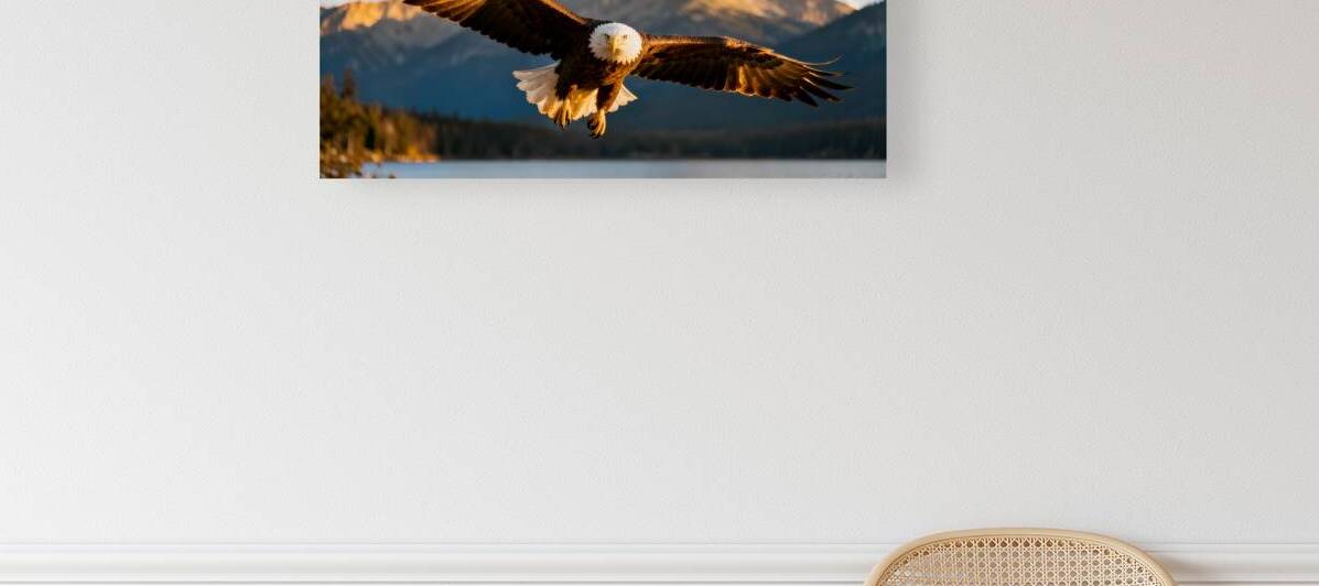 Bald Eagle in Flight Over Mountain Lake at Sunset by MotivatePrints
