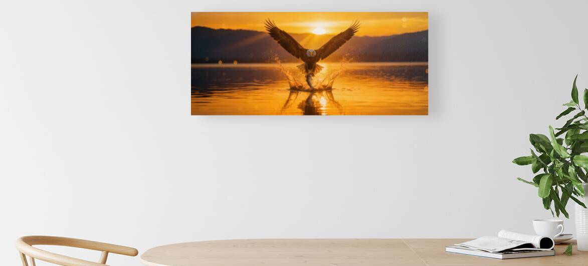 Bald Eagle Fishing at Sunset Over Golden Lake by MotivatePrints