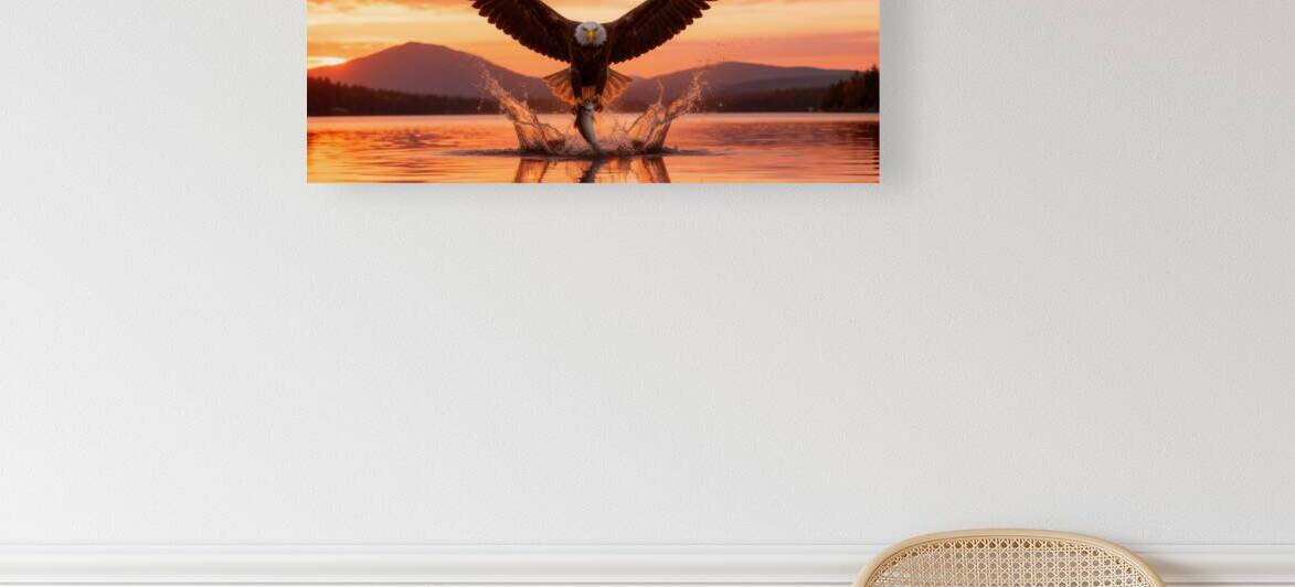 Bald Eagle Catching Fish at Sunset Over Mountain Lake by MotivatePrints