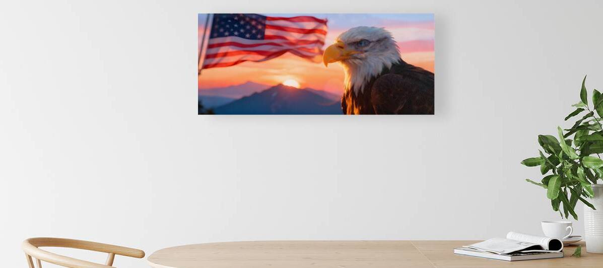 Bald Eagle with American Flag at Sunset – Symbol of Freedom by MotivatePrints