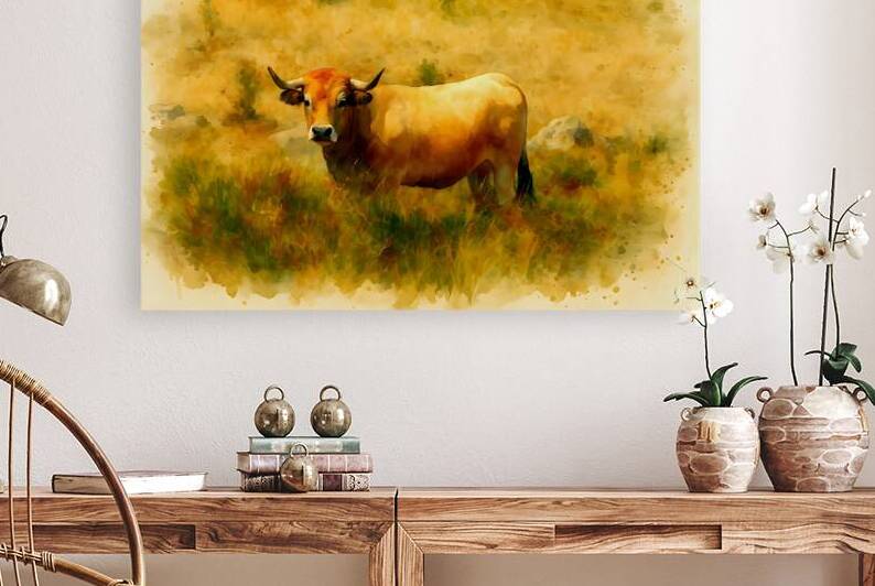 aubrac cow golden pasture french watercolor art.j by M ALK